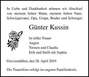 Traueranzeige von Günter Kussin von Ostsee-Zeitung GmbH