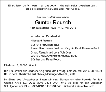 Traueranzeige von Günter Reusch von Lübecker Nachrichten