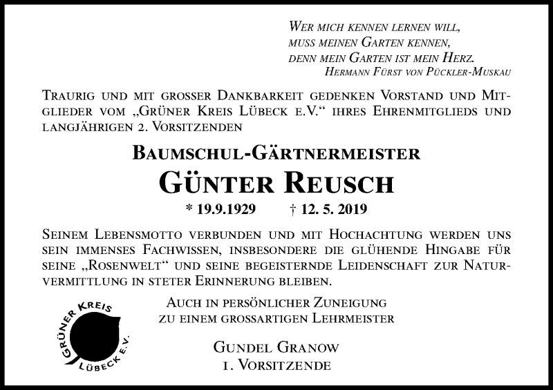  Traueranzeige für Günter Reusch vom 19.05.2019 aus Lübecker Nachrichten