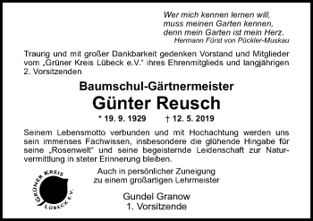 Traueranzeige von Günter Reusch von Lübecker Nachrichten