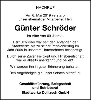Traueranzeige von Günter Schröder von Leipziger Volkszeitung