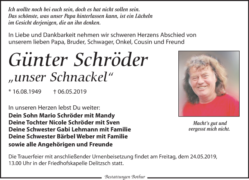  Traueranzeige für Günter Schröder vom 11.05.2019 aus Leipziger Volkszeitung