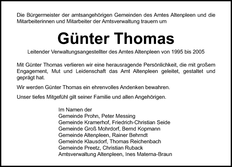  Traueranzeige für Günter Thomas vom 18.05.2019 aus Ostsee-Zeitung GmbH
