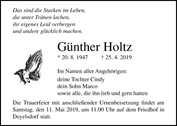 Traueranzeige von Günther Holtz von Ostsee-Zeitung GmbH