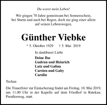 Traueranzeige von Günther Viebke von Lübecker Nachrichten