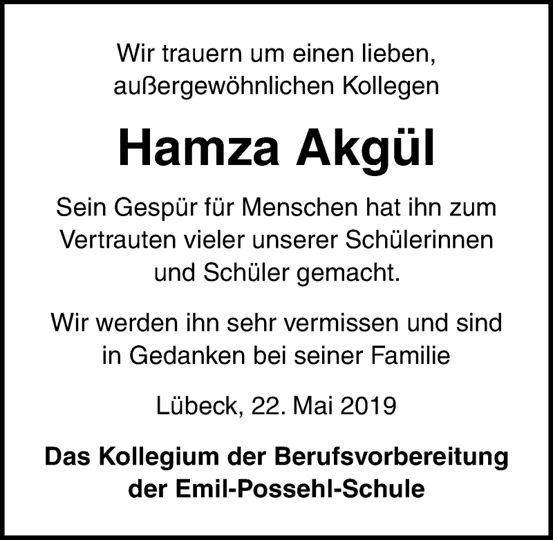  Traueranzeige für Hamza Akgül vom 26.05.2019 aus Lübecker Nachrichten