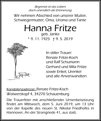Traueranzeige von Hanna Fritze von Hannoversche Allgemeine Zeitung/Neue Presse