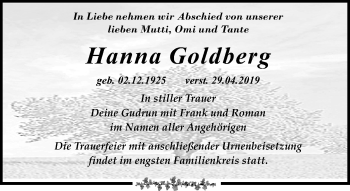 Traueranzeige von Hanna Goldberg von Leipziger Volkszeitung