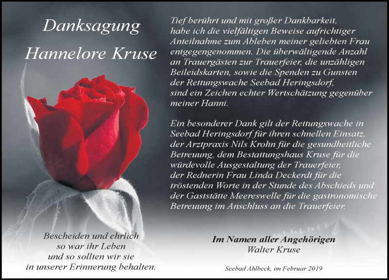  Traueranzeige für Hannelore Kruse vom 02.03.2019 aus Ostsee-Zeitung GmbH
