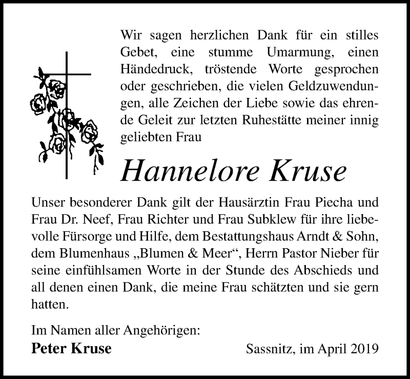  Traueranzeige für Hannelore Kruse vom 20.04.2019 aus Ostsee-Zeitung GmbH