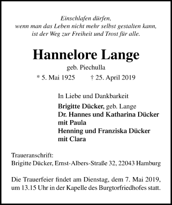 Traueranzeige von Hannelore Lange von Lübecker Nachrichten