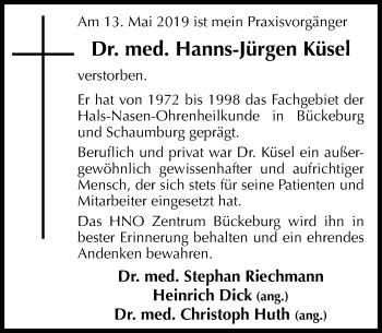 Traueranzeige von Hanns-Jürgen Küsel von Schaumburger Nachrichten