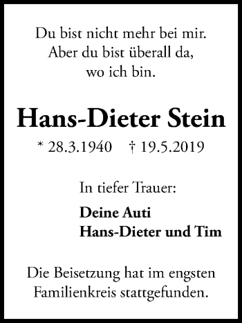 Traueranzeige von Hans-Dieter Stein von Hannoversche Allgemeine Zeitung/Neue Presse