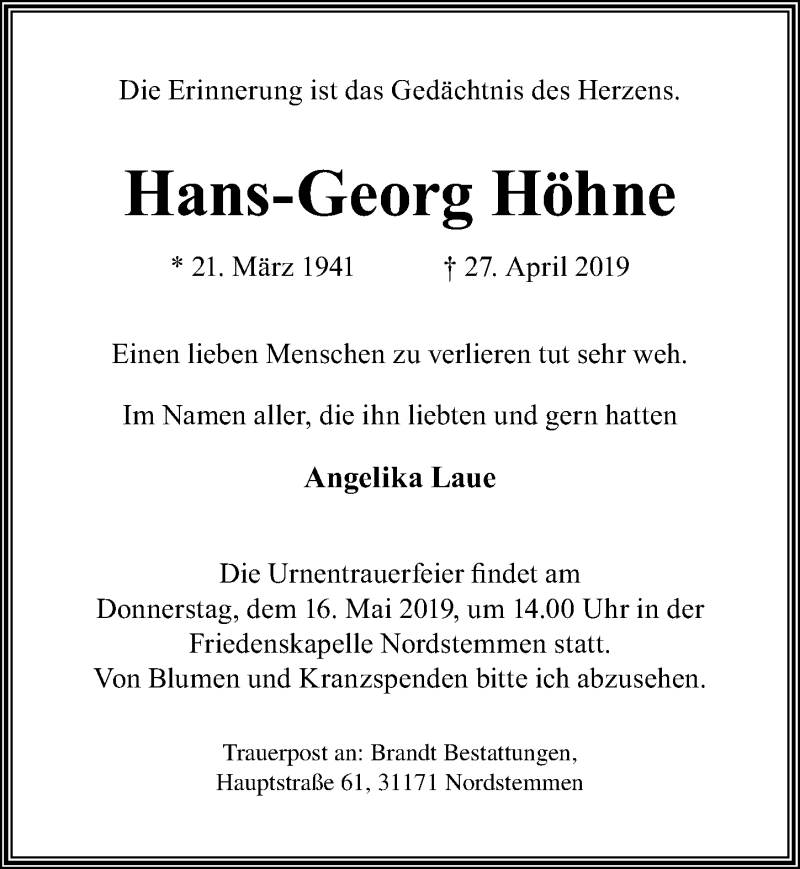  Traueranzeige für Hans-Georg Höhne vom 04.05.2019 aus Hannoversche Allgemeine Zeitung/Neue Presse