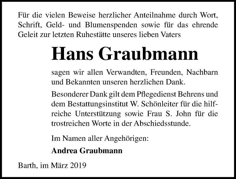  Traueranzeige für Hans Graubmann vom 02.03.2019 aus Ostsee-Zeitung GmbH