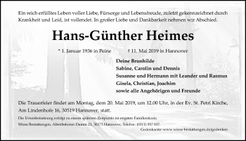 Traueranzeige von Hans-Günther Heimes von Hannoversche Allgemeine Zeitung/Neue Presse