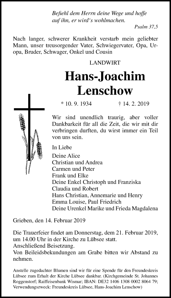  Traueranzeige für Hans-Joachim Lenschow vom 19.02.2019 aus Ostsee-Zeitung GmbH