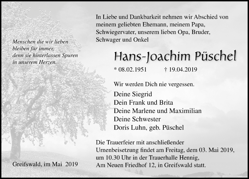  Traueranzeige für Hans-Joachim Püschel vom 27.04.2019 aus Ostsee-Zeitung GmbH