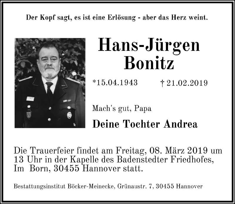  Traueranzeige für Hans-Jürgen Bonitz vom 02.03.2019 aus Hannoversche Allgemeine Zeitung/Neue Presse