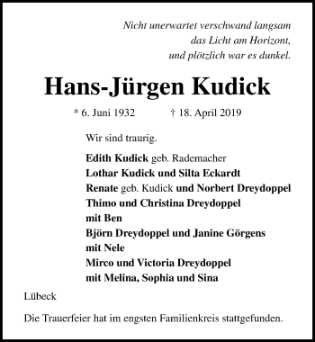 Traueranzeige von Hans-Jürgen Kudick von Lübecker Nachrichten