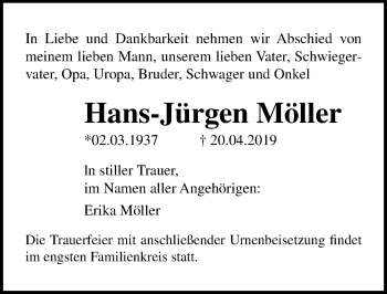 Traueranzeige von Hans-Jürgen Möller von Ostsee-Zeitung GmbH