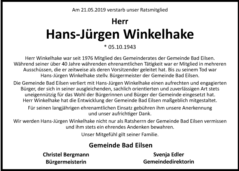  Traueranzeige für Hans-Jürgen Winkelhake vom 25.05.2019 aus Schaumburger Nachrichten