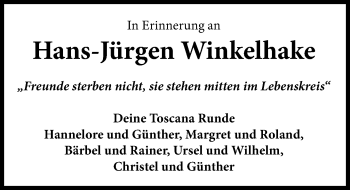 Traueranzeige von Hans-Jürgen Winkelhake von Schaumburger Nachrichten