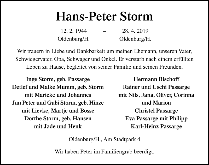  Traueranzeige für Hans-Peter Storm vom 04.05.2019 aus Lübecker Nachrichten
