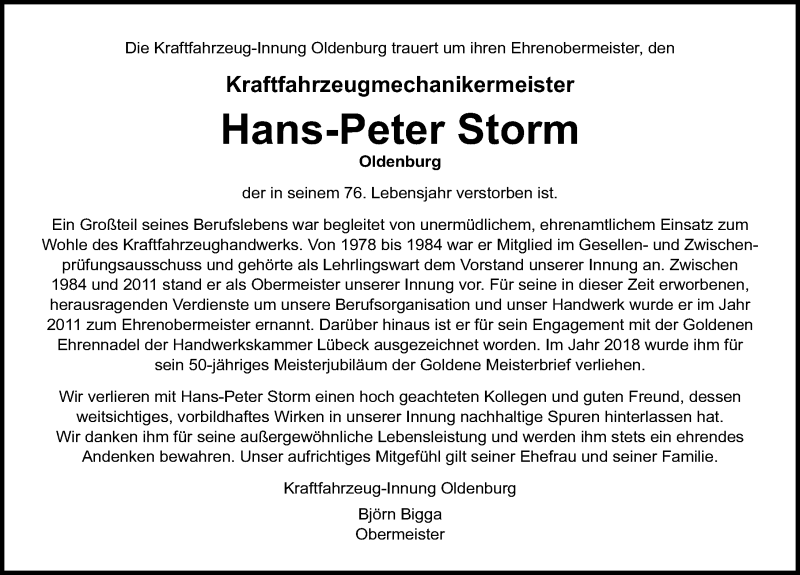  Traueranzeige für Hans-Peter Storm vom 04.05.2019 aus Lübecker Nachrichten