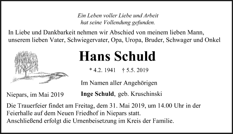  Traueranzeige für Hans Schuld vom 11.05.2019 aus Ostsee-Zeitung GmbH