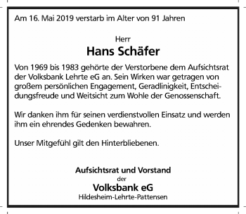 Traueranzeige von Hans Schäfer von Hannoversche Allgemeine Zeitung/Neue Presse