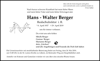 Traueranzeige von Hans- Walter Berger von Lübecker Nachrichten