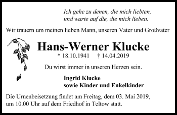 Traueranzeige von Hans-Werner Klucke von Märkischen Allgemeine Zeitung