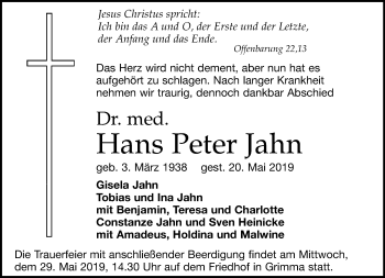 Traueranzeige von Hans Peter Jahn von Leipziger Volkszeitung