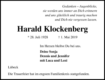 Traueranzeige von Harald Klockenberg von Lübecker Nachrichten
