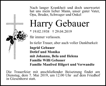 Traueranzeige von Harry Gebauer von Märkischen Allgemeine Zeitung