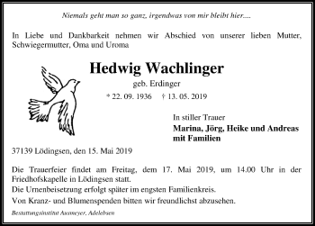 Traueranzeige von Hedwig Wachlinger von Göttinger Tageblatt