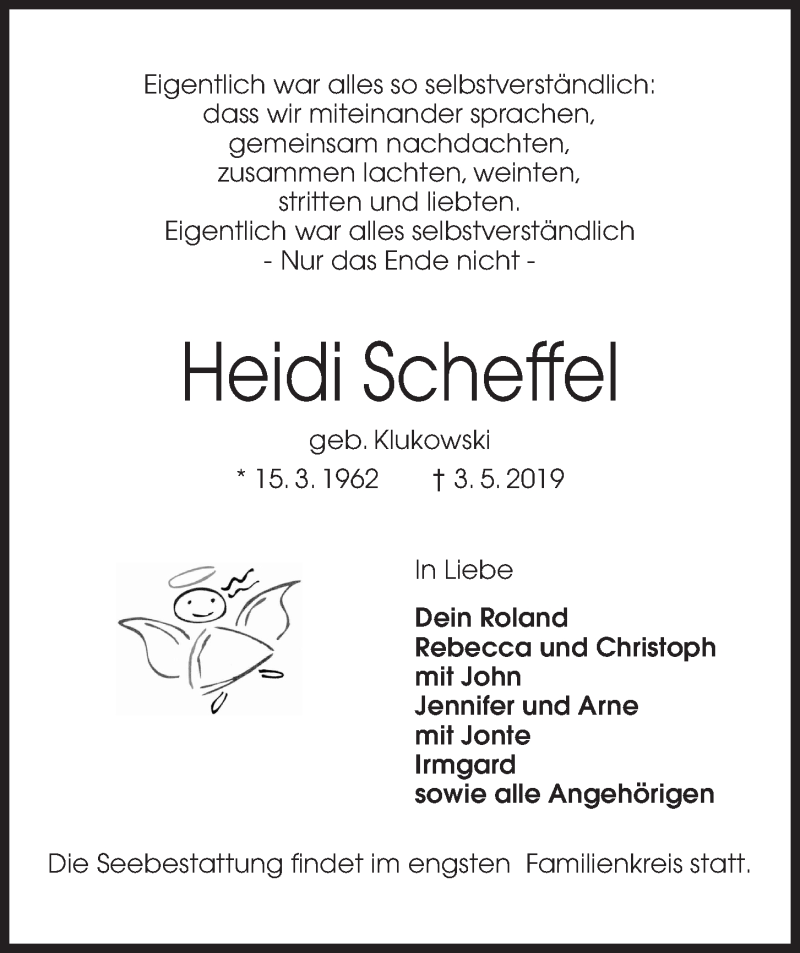  Traueranzeige für Heidi Scheffel vom 11.05.2019 aus Kieler Nachrichten