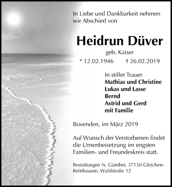 Traueranzeige von Heidrun Düver von Göttinger Tageblatt