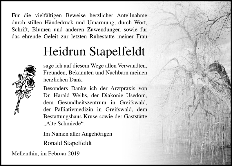  Traueranzeige für Heidrun Stapelfeldt vom 02.03.2019 aus Ostsee-Zeitung GmbH