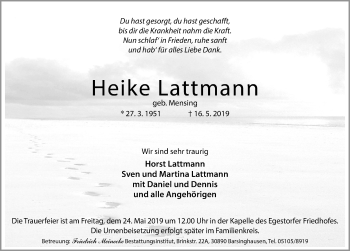 Traueranzeige von Heike Lattmann von Hannoversche Allgemeine Zeitung/Neue Presse