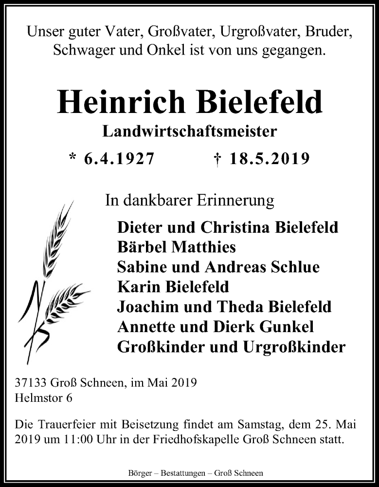  Traueranzeige für Heinrich Bielefeld vom 22.05.2019 aus Göttinger Tageblatt