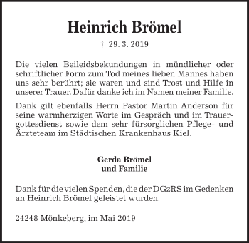 Traueranzeige von Heinrich Brömel von Kieler Nachrichten