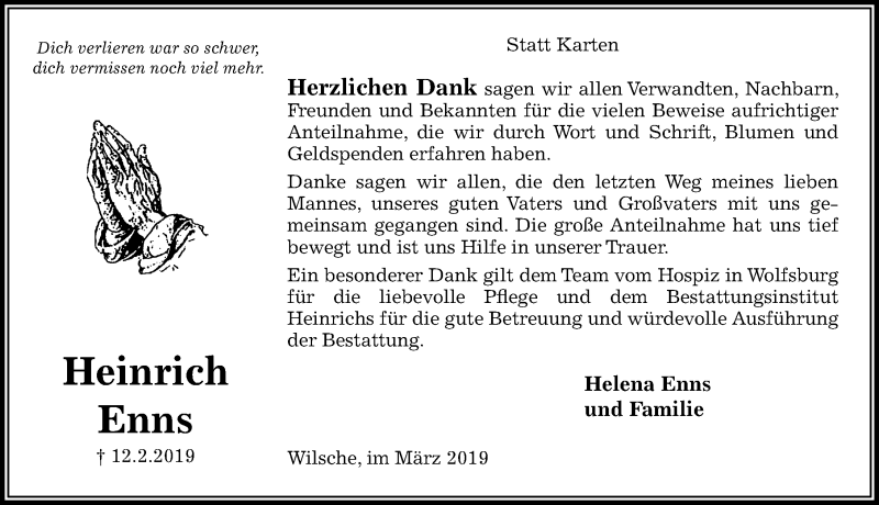  Traueranzeige für Heinrich Enns vom 02.03.2019 aus Aller Zeitung