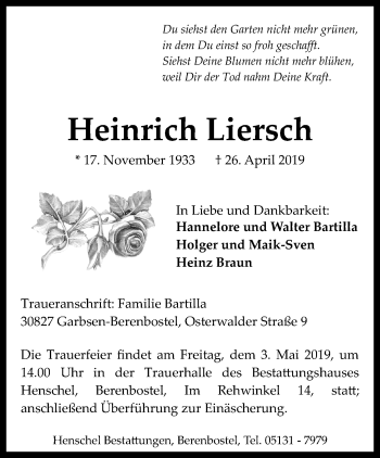 Traueranzeige von Heinrich Liersch von Hannoversche Allgemeine Zeitung/Neue Presse