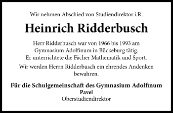 Traueranzeige von Heinrich Ridderbusch von Schaumburger Nachrichten