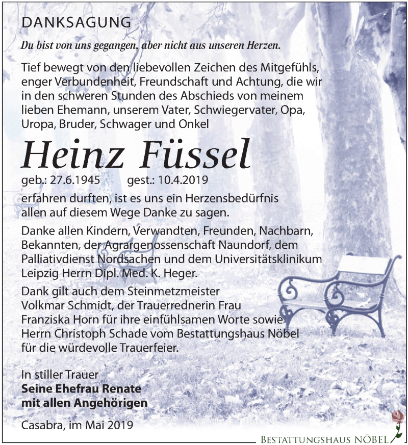  Traueranzeige für Heinz Füssel vom 04.05.2019 aus Leipziger Volkszeitung