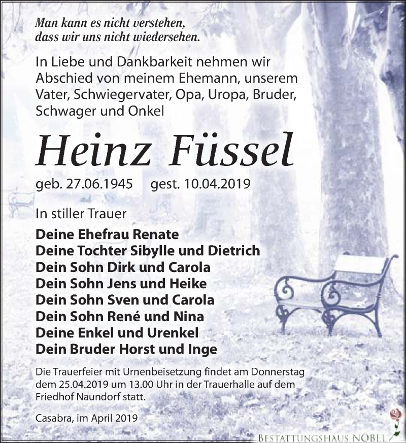  Traueranzeige für Heinz Füssel vom 20.04.2019 aus Leipziger Volkszeitung