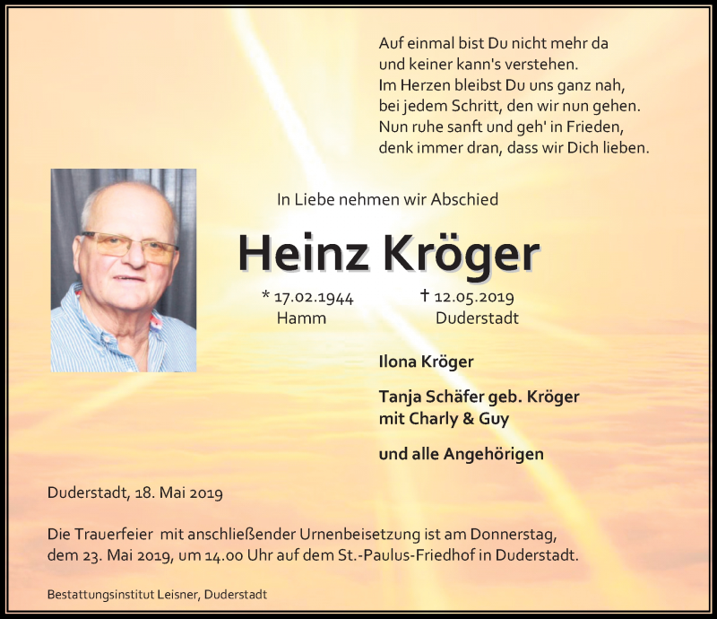  Traueranzeige für Heinz Kröger vom 18.05.2019 aus Eichsfelder Tageblatt