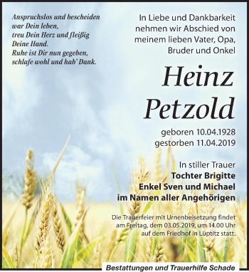 Traueranzeige von Heinz Petzold von Leipziger Volkszeitung